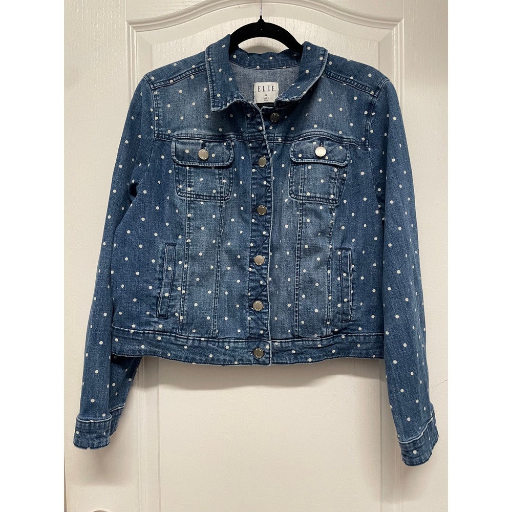 ELLE Polka Dot Cotton Denim Jacket Womens XL Blue White Stretch Jean Trucker - Picture 3 of 11